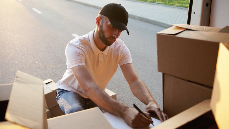 A man wearing a black baseball cap, white polo shirt, and jeans is kneeling on the pavement next to an open cardboard moving box, writing on a packing list with a black marker. Surrounding him are several sealed cardboard boxes, some stacked on each other, prepared for a home relocation. The scene takes place outdoors near a vehicle, likely a van used for furniture transport, with natural sunlight illuminating the area. Inside the vehicle's open rear, additional boxes and packing materials like bubble wrap or plastic film are visible, indicating an ongoing packing and loading process. The setting reflects professional removals, with the man from Man with Van Mitcham engaged in packing or inventorying items, demonstrating the logistics involved in house removals and furniture transport.